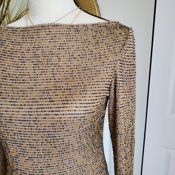 Sequin beaded long sleeve tan thong bodysuit - Picture 2 of 7